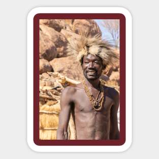 Namibia. Damara Living Museum. Portrait of a Smiling Man in the Fur Hat. Sticker